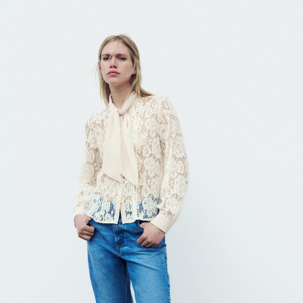 Zara Cream Lace Button Down Shirt